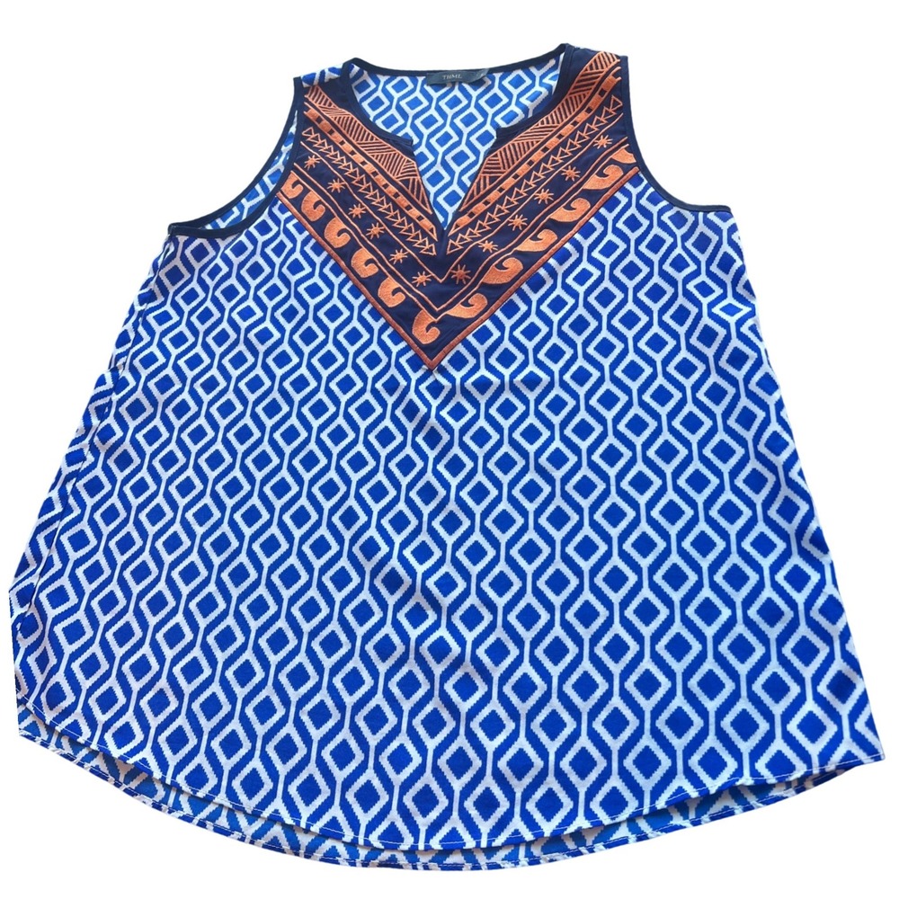 THML women's blue/white geometric sleeveless blouse w embroidery - Small
.
